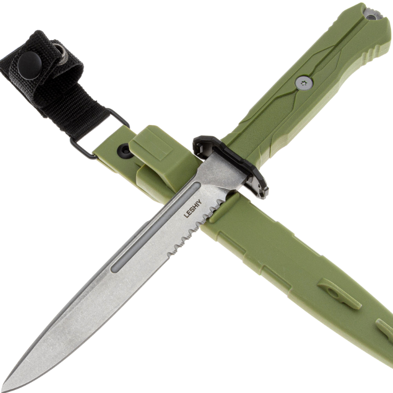 Тактический нож Mr.Blade Leshiy stonewash сталь AUS-8, рукоять OD Green Elastron с серрейтором SW/OD SERR