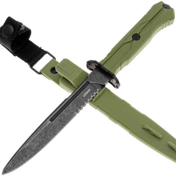 Тактический нож Mr.Blade Leshiy blackwash сталь AUS-8, рукоять OD Green Elastron с серрейтором BSW/OD SERR